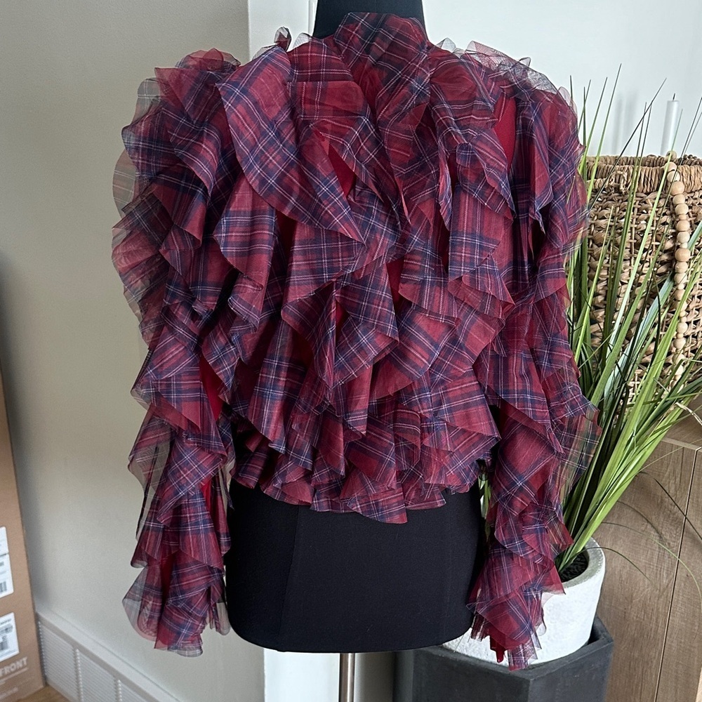 Anthropologie Dolan Left Coast Plaid Ruffle Blouse - Size L - Picture 6 of 9
